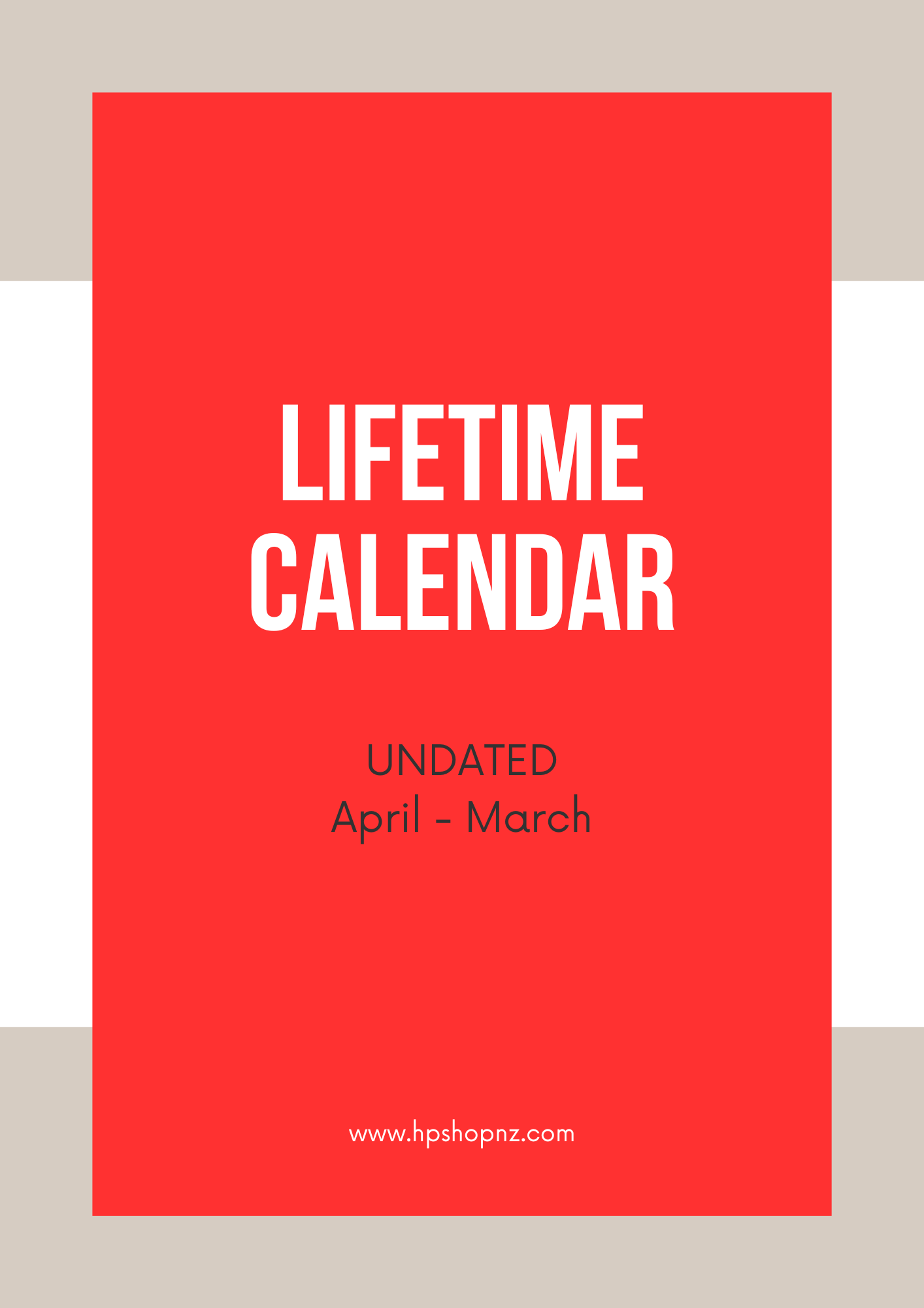 Lifetime calendar cover with 'Undated April-March' text on a red background
