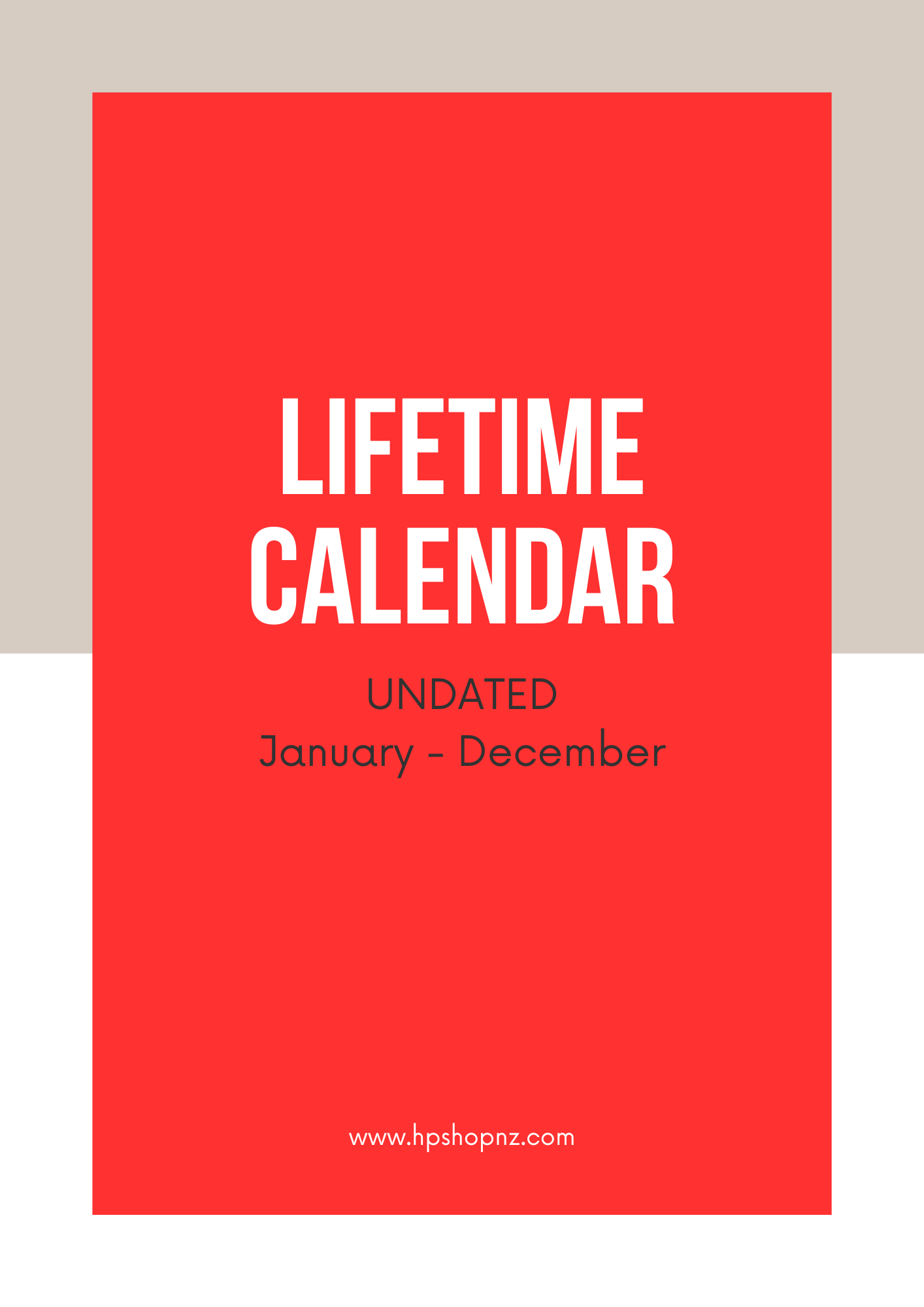 Red calendar cover with 'Lifetime Calendar' text on a beige background