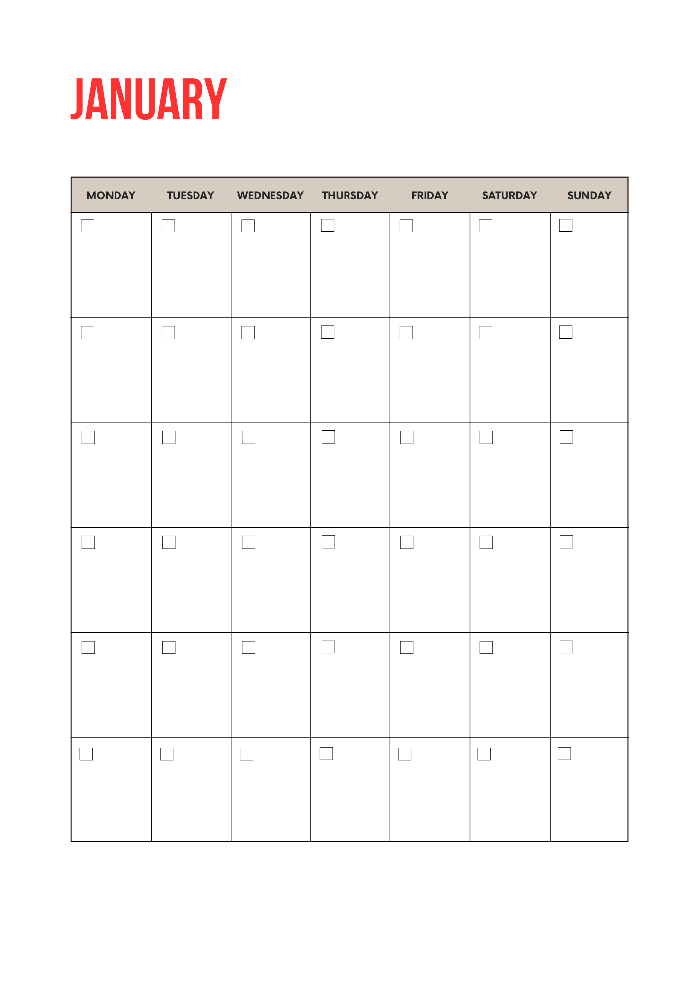 Blank calendar for January with days of the week labeled.