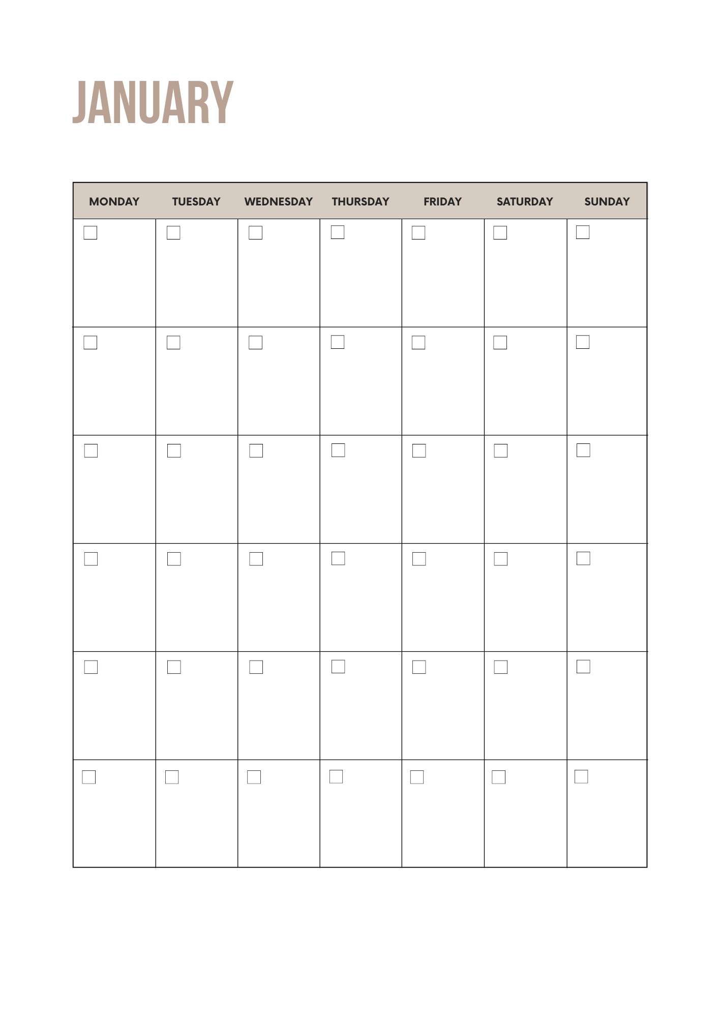 January calendar grid with days of the week on a white background