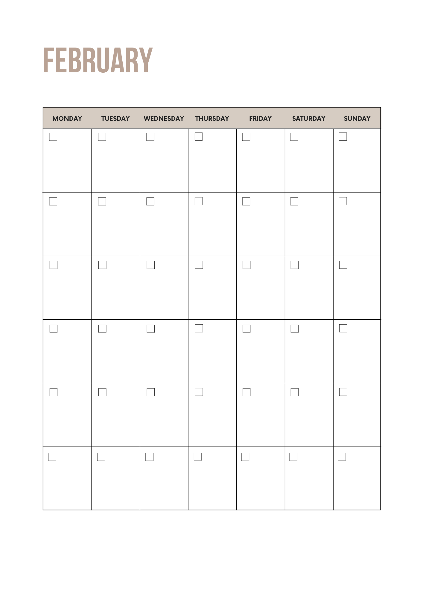 Blank calendar for February with days of the week labeled.