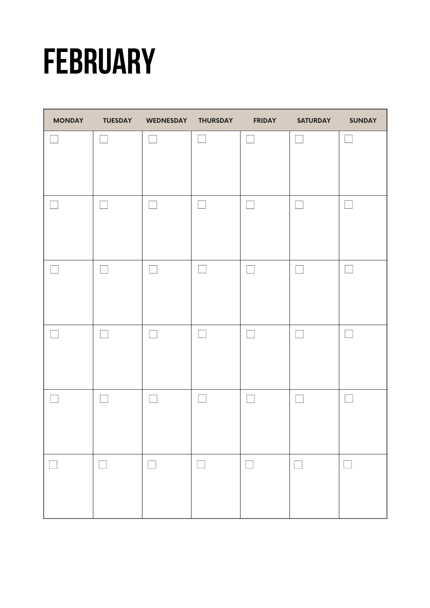 Blank calendar for February with days of the week labeled.