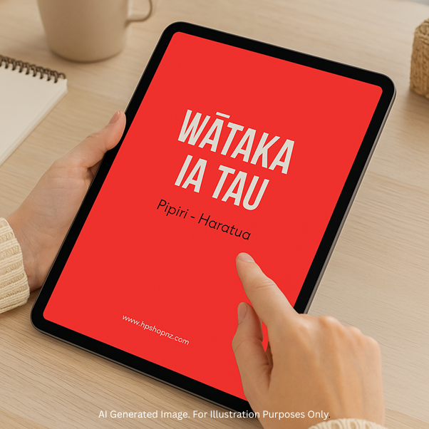 Person holding a tablet with a red screen displaying text, on a wooden surface.