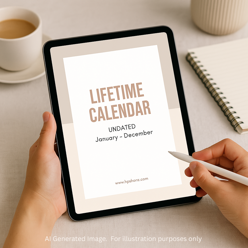 Person holding a tablet with a 'Lifetime Calendar' displayed on a desk with a cup of coffee and notebook.