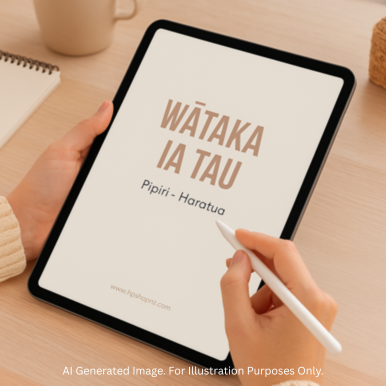 Person holding a tablet with text on a wooden surface